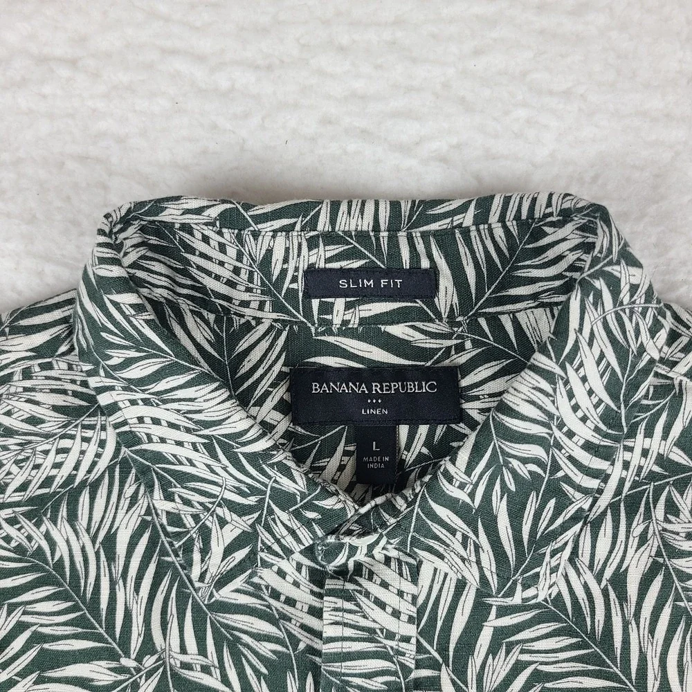 Banana Republic Shirt Mens Large Green Bamboo Leaves Slim Fit Hawaiian Button Up